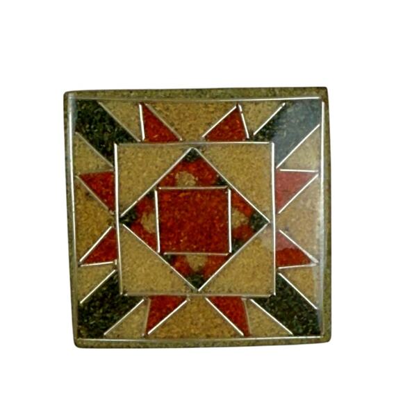 Vintage Lee Sands Sand Art Silver Inlay Quilt Square Triangle Pattern Brooch Pin - Picture 1 of 5